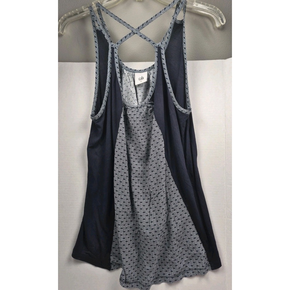 Cabi The Ideal Tank Top Medium Navy Blue Geometric Mixed Media‎ High Low Strappy